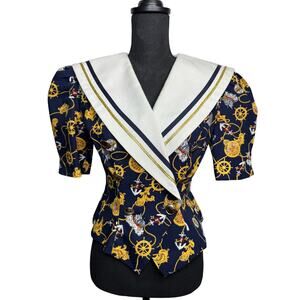 Vintage Nautical Puff Sleeve Blazer Donna Morgan Sailor Collar Jacket Size 2 USA